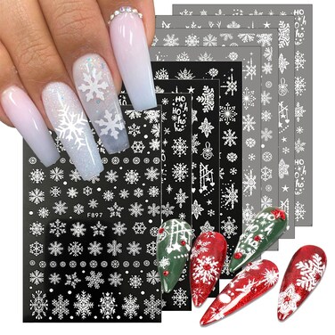 8 Sheets Winter Snowflake Nail Art Stickers Christmas Nail Decals 3D Self-Adhesive Winter Nail Art Supplies White Glitter Snowflake Nails Designs Christmas Manicure Decorations Accessories for Women