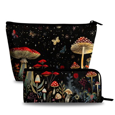 Mushrooms Makeup Bag Cosmetic Bag for Women,1Pcs Large Capacity Makeup Bags and 1Pcs Pencil Case Makeup Brushes Storage Bag Travel Toiletry Bag Organizer