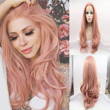 xiweiya Mixed Blossom Lace Front Wigs Rose Gold Wig Mermaid Long Wavy Synthetic Pink Lace Front Wigs Heat Resistant Fiber Wig 150% Density Hair For Women 24inch