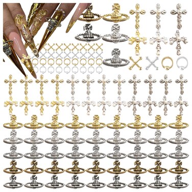 120PCS Planet Cross 3D Nail Charms for Acrylic Nails, Gold Silver Nail Gems Alloy Nail Accessories, Nail Rhinestones for Nail Art Supplies Manicure Craft DIY