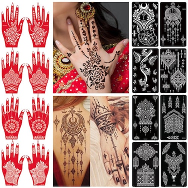 XMASIR 16 Sheets Temporary Tattoo Kit, Reusable Tattoo Stencils Sets Indian Arabian Temporary Tattoo Templates Kit for Body Hand Art