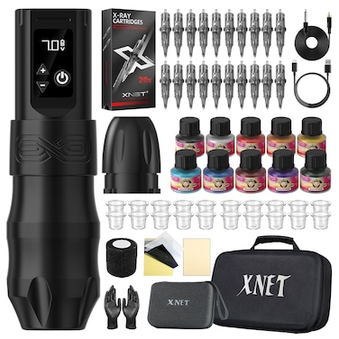 Xnet Moteng Tattoo Gun - Rotary Tattoo Gun Kit, Complete Wireless Tattoo Machine Kits with 20Pcs X-RAY Mixed Size Cartridge Needles for Beginners, Black