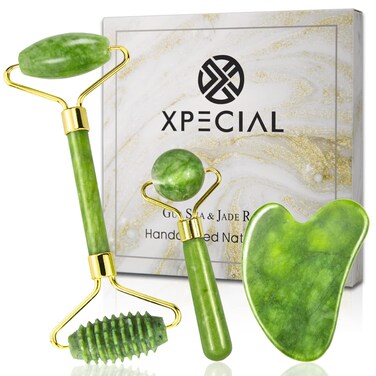 Gua Sha &amp; Jade Roller 3 in 1, Face Roller, Guasha Facial Massage Skin Care Tool Set, Massager for Removal of Wrinkles &amp; Eye Puffiness, Anti-Aging &amp; Body Relaxation