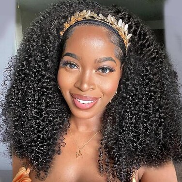 XSY Headband Wig Human Hair 20 Inch Kinky Curly Headband Wigs for Black Women Curly Human Hair Wigs Glueless No Lace Front Wig Brazilian Virgin Human Hair 150% Density Natural Black Color