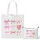 Y1tvei Pink Bows Canvas Bag - 2Pcs Coquette Pink Bow Preppy Makeup Bag Set, Cute Aesthetic Pink Bow Canvas Tote Bag, Reusable Grocery Folding Shopping Bag, Coquette Stuff Zipper Pouch Gifts for Women