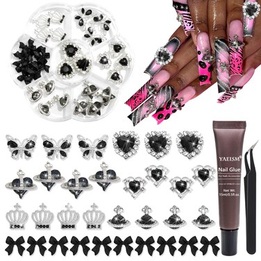 Heart Nail Charms 3D Black Heart Nail Charms Multi Shape Butterfly Charms Crystal Planet Nail Charms Resin Nail Bows Crown Nail Gems with Glue Gel,Tweezer for Nail Art and DIY Crafts Decoration