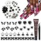 Heart Nail Charms 3D Black Heart Nail Charms Multi Shape Butterfly Charms Crystal Planet Nail Charms Resin Nail Bows Crown Nail Gems with Glue Gel,Tweezer for Nail Art and DIY Crafts Decoration