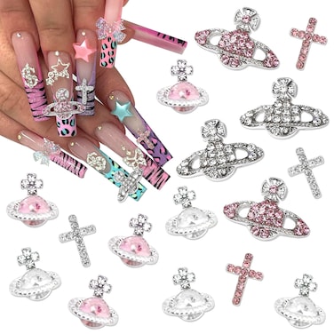 16PCS Planet Nail Charms 3D Silver Nail Charms Pink Chrome Cross Nail Rhinestones Nail Gems Jewels Crystal Diamond Alloy Nail Supplies for Nail Art and DIY Crafts Decoration