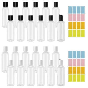 24pcs Plastic Travel Bottles, 100ml Clear Plastic Empty Bottles Travel Plastic Bottles with Caps Travel Bottles for Toiletries Plastic Empty Travel Size Bottles Containers with Labels (Black/ White)