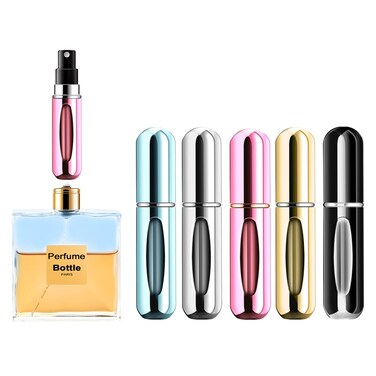 Portable Mini Perfume Atomizer Bottle, Refillable Spray, Scent Pump Case, Travel Atomizer (5ml, 5 Pack) (Pink, Gold, Black, Silver, Blue)