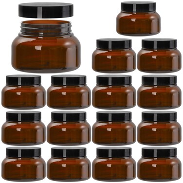 Yarlung 16 Pack 8 Oz Plastic Containers with Lids, Brown Body Butter Containers Empty Refillable, Amber Body Scrub Jars Round Low Profile Samples Jars for Lotion, Sugar Scrub, Cream