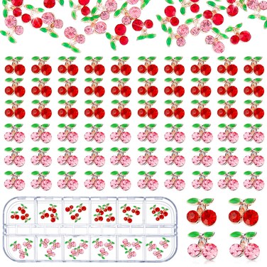 36 Pcs 3D Cherry Nail Charms Cherry Rhinestones 3D Shiny Gems Glitter Studs Nail Slices for Women Jewelry Making Crafts(6 x 5.5 mm,Pink, Red)