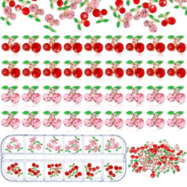 36 Pcs 3D Cherry Nail Charms Cherry Rhinestones 3D Shiny Gems Glitter Studs Nail Slices for Women Jewelry Making Crafts(8 x 8 mm,Red, Pink)