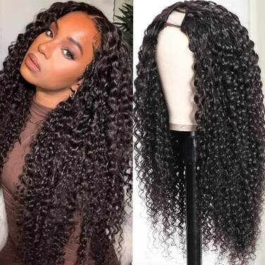 U Part Human Hair Wig Curly 180% Density U Part Wig Brazilian Virgin Human Hair Wigs for Black Women No Leave Out U Part Curly Human Hair Wig No Glue No Sew In Curly Half Wig Human Hair 22 Inch