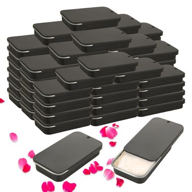 100 Pack Mini Metal Tin Empty Tin Containers with Slide Top Lids, Rectangular Metal Tin Boxes Containers for Storage Candies, Jewelry, Crafts, Pills, 2.36 X 1.3 X 0.4 (Black)