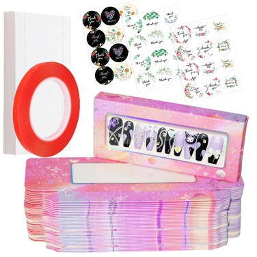 74PCS Empty Press on Nails Packaging Box Set Includes 35PCS Empty Nail Package Box, 35PCS White Background Paper, 1pc Double Sided Tape and 3 Thank You Stickers, for Press on Nail Business