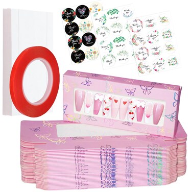 74PCS Empty Press on Nails Packaging Box Set Includes 35PCS Empty Nail Package Box, 35PCS White Background Paper, 1pc Double Sided Tape and 3 Thank You Stickers, for Press on Nail Business