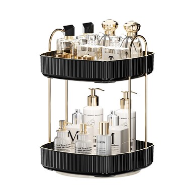 YCIA&amp;DONE 360 Rotating Makeup Organizer for Vanity, 2 Tiers New Square Shaped Cosmetics Skincare Bathroom Organizers Countertop, Perfume Stand Counter Tray, Elegant Black
