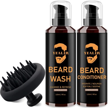 Beard Wash &amp; Conditioner &amp; Silicone Beard Brush Set w/Argan &amp; Jojoba Oils - Reduce Beard Itchy, Dandruff, Beard Shampoo, Softens &amp; Strengthens &amp; Shine - 2 x 4 Fl Oz 120ML
