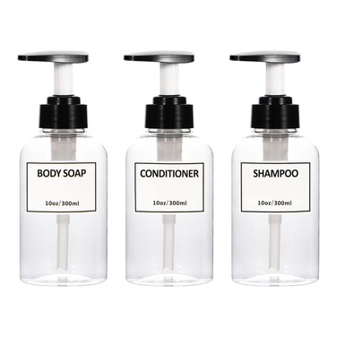 Clear Pump Bottle,Yeeco Shampoo Dispenser with Waterproof Labels 10oz/300ml, Shampoo and Conditioner Bottles 3 Packs, Shampoo Bottles Refillable for Bathroom, Kitchen, Hotel