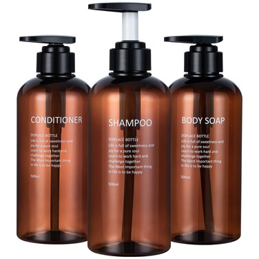 Shampoo and Conditioner Dispenser Pump Bottle,Yeeco Clear Amber 16.9oz/500ml 3 Pack Soap Dispenser Shampoo Bottles Refillable for Body Soap Gel Lotion Bathroom, Kitchen, Hotel