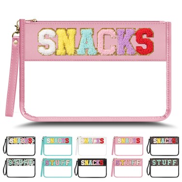 Chenille Letter Clear Zipper Pouch for Travel, Nylon Clear Makeup Letter Bag, PVC Waterproof Cosmetic Bag, Snack Bags for Women Girls, Clear Stuff Bags For Travel(Pink-Snacks)