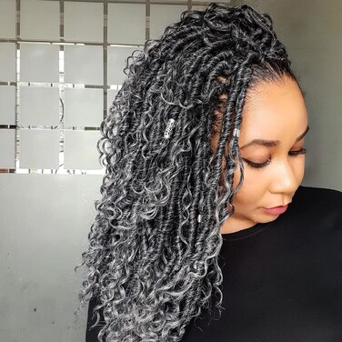 Faux Locs Crochet Hair 18 Inch Goddess Locs Ombre Grey Crochet Hair for Women 6 Packs Soft River Locs Gray Pre Looped Braids with Curly Ends Boho Hippie Locs Synthetic Hair Extensions, 1b/grey