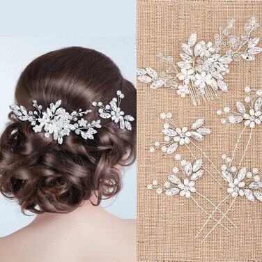 Yeshone 5 Pieces Wedding Hair Comb Bridal Pins Crystal Pearl Hair Accessories Rhinestone Flower Piece for Wedding Bride Women(Silver)