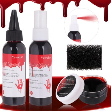 4PCS Fake Blood Makeup Kit, Washable Fake Blood Spray 2.1oz, Dripping Blood 2.1oz, Coagulated Blood 1.06oz and One Stipple Sponge, Halloween SFX Makeup for Zombie,Vampire and Monster Cosplay