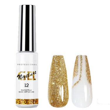 Nail Art Polish 8ml Gel Liner Nail Polish Gold Glitter Gel Polish Liner Gel Art Sparkle Colors French Gel Polish UV Gel Paint Build in Thin Brush for Women Nails Design Lovers (Gold)