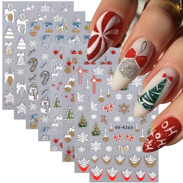 8PCS 5D Glitter Christmas Embossed Nail Stickers Xmas Winter Nail Art Supplies Gold Silver French Snowflake Santa Claus Snow Trees Bells Nail Design for Women New Year Nail Art Decoration Accessories
