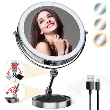 Lighted Makeup Mirror [Brightness Enhanced Version], Real 3000mah Rechargeable Double Sided 10x Magnifying Mirror with 3 Colors Tabletop Standing Vanity Mirror with Adjustable Height,Chrome