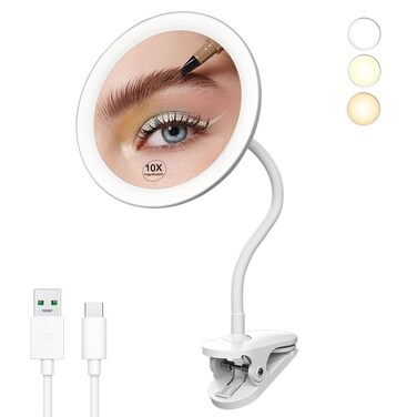 6.5" Clip on Vanity Makeup Mirror with Light, gooseneck Travel 5X Magnifying Mirror,USB Recharge (White 5X)