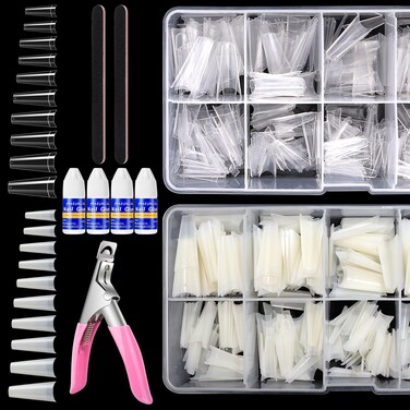 Yokilly 1000PCS Coffin Nail Tips and Glue, Clear Natural False Acrylic Nail Tips, Half Cover 10 Sizes French Artificial Nail Tips Manicure with Nail Clipper, Nail Files and Glue for Dip Powder