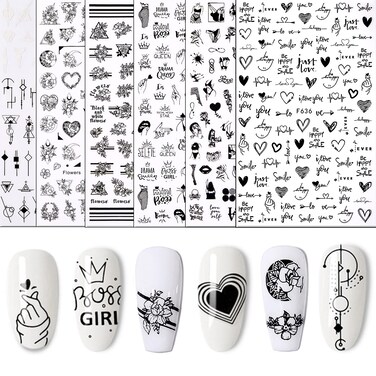 Yoksas Black White Geometric Heart Flower Sexy Girl Nail Art Stickers, 6 Sheets Self Adhesive Minimalist Nail Decals for Acrylic Nail Manicure Designer Supplies