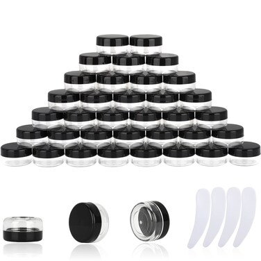 50PCS 10 Gram Sample Containers, 10ml Empty Jars with Lids, Small Cosmetic Containers, Mini Sample Jars with 4PCS Mini Spatulas for Make Up, Oils, Lotion, Powder, Paint, Jewelry, Lip Balms(Black Lid)