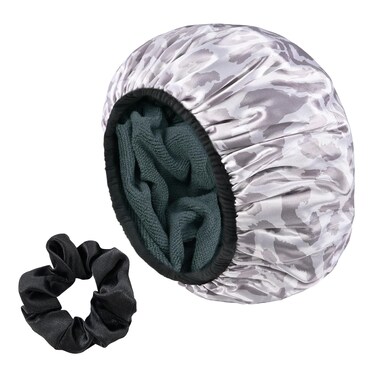Bandana Satin Shower Cap, Three-Layer Terry Cloth Lined, with Silk Hair Ties, Microfiber Waterproof Reusable Large Size Shower Cap for Women Long Thick Hair (Blue Paisley)