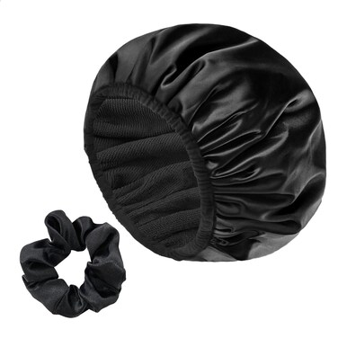 Three-Layer Terry Cloth Lined Satin Shower Cap, with Silk Hair Ties, Microfiber Waterproof Reusable Large Size Shower Cap for Women Long Thick Hair (Black)