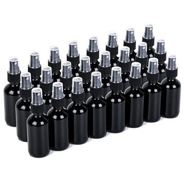 2oz Glass Spray Bottle, Fine Mist Boston Glass Bottles with Black Fine Mist Sprayer Small Clear Bottles for Essential Oils, Bath, Beauty, Hair &amp; Cleaning, UV Black, Pack of 24