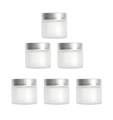 6 Pack, 2 oz Frosted Glass Cream Jars with Silver Lids,60g Empty Round Refillable Cosmetic Containers Travel Jars for Cosmetics,Body Butter,Scrubs,Face Cream Lotion,Ointments,Spice
