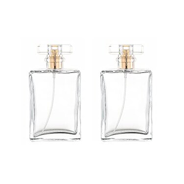 2 Pcs Clear Glass Perfume Atomizer, 100ml Empty Refillable Spray Bottle for Men and Women, Portable Fragrance Fine Mist Spray Bottle Dispenser for Travel (Gold)
