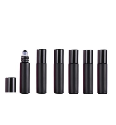 6 Pcs Black Frosted Glass Essential Oil Roller Bottles,10ml Glass Bottle with Glass Crystal Roller Balls and Aluminum Caps Refillable Leakproof Perfume Bottles Essential Oils Vials for Travel