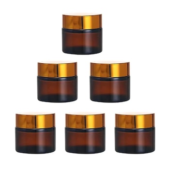 6 Pack, 2 oz 60g Amber Glass Cream Jars with Gold Lids,Empty Round Refillable Cosmetic Containers Travel Jars for Cosmetics,Body Butter,Scrubs,Face Cream Lotion,Ointments,Spice