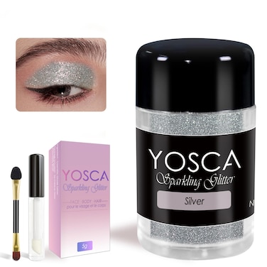 Yosca 5g Body Glitter, Cosmetic Sparkle Makeup Metalic Face Glitter, Loose Body Shimmer Powder for Glitter Eyeshadow Lip Face Paint Concert Christmas Festival Rave Accessorises - Silver