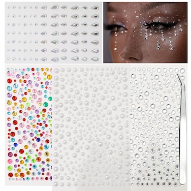 Yosca 4 Pcs Self Adhesive Face Gems, Rhinestone Stickers for Face Eye Hair Nail Art Body Makeup, Nail Gems, Nail Rhinestones, Pearl Stickers for Festival Music Diwali Concert Crafts Rave Accessories