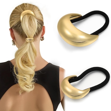 2PCS Gold Hair Ties, Gold Hair Accessories for Women, Metal Hair Ties for Think Hair, Elegant and Durable Geometric Design, Gold Ponytail Cuffs Stretchy Non-Damage