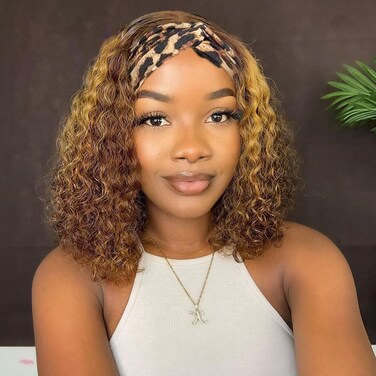 Ombre Deep Wave Headband Wig Human Hair #4/27 Highlight Curly Headband Wigs for Black Women Human Hair Glueless None Lace Front Wigs Brazilian Virgin Hair Wig Machine Made 150% Density 12 Inch