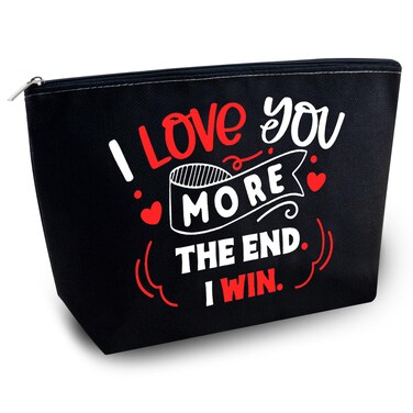 Valentine Makeup Bag 'I Love You More' Cosmetic Case Black Letter Print Zipper Travel Makeup