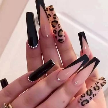French Black False Nails Coffin Long Press on Nails Acrylics Full Cover Leopard Print Fake Nails Tips for Women and Girls 24PCS