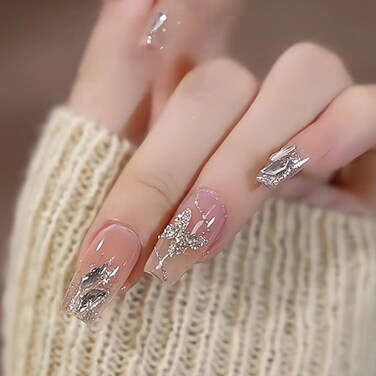 Long Coffin Press on Nails Gradient False Nails Galaxy Butterfly Fake Nails Acrylic Bling Nails Tips for Women and Girls 24PCS